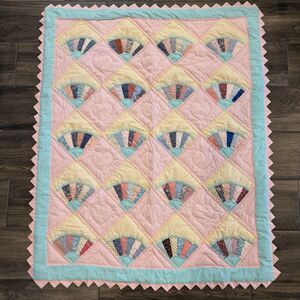 Handmade Pink & Blue Baby Fan Quilt Hearts Triangle Edges 48x39” Nursery Toddler